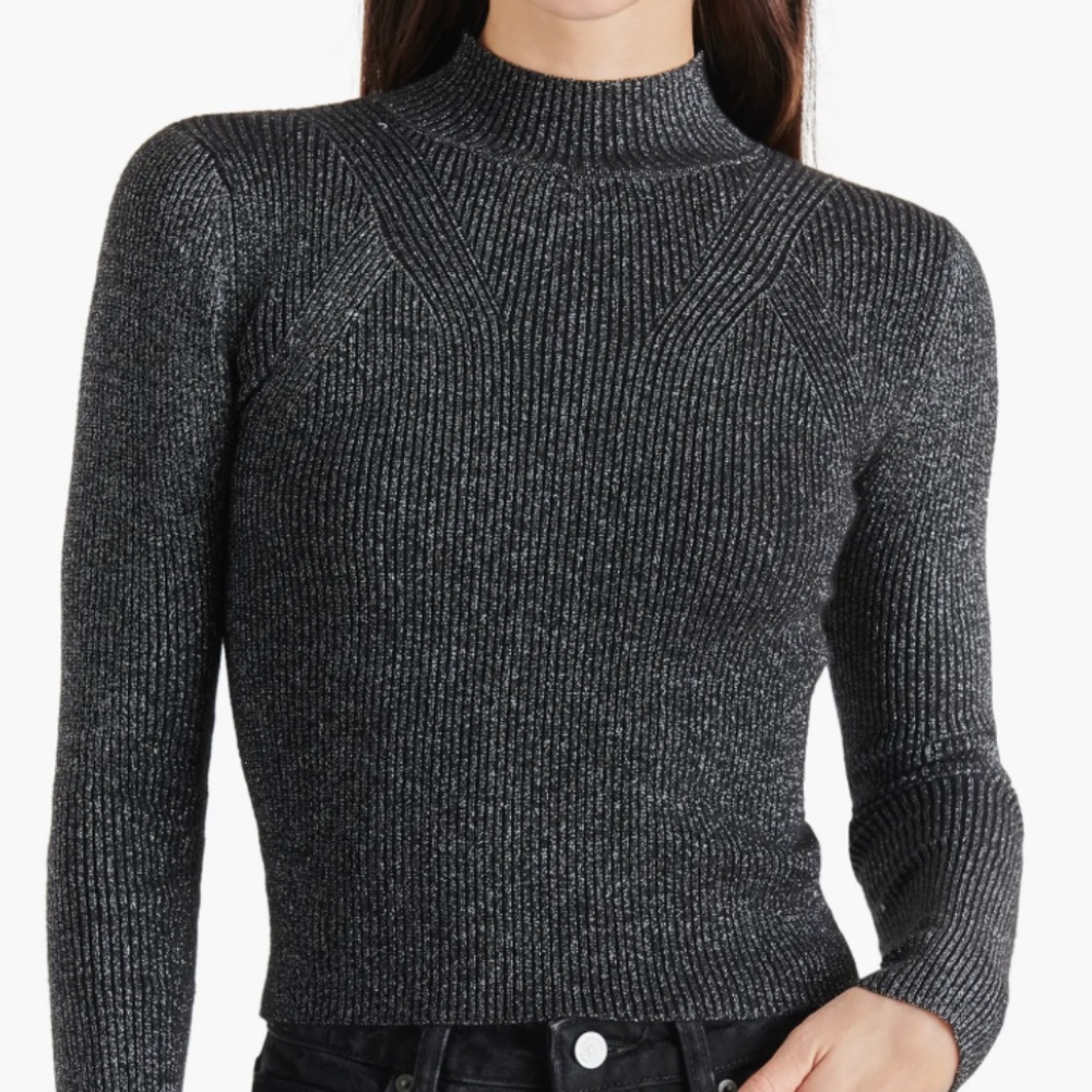 Steve Madden Serita Metallic Dark Gray Rib Mock Neck Sweater Silver Threads